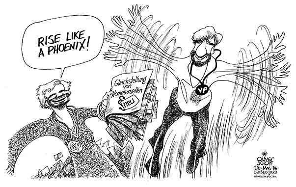 Oliver Schopf, politischer Karikaturist aus Österreich, politische Karikaturen aus Österreich, Karikatur Cartoon Illustrationen Politik Politiker Österreich 2014: SPOE OEVP FAYMANN SPINDELEGGER GLEICHSTELLUNG HOMOSEXUELLE ADOPTION CONCHITA WURST EUROVISION SONG CONTEST RISE LIKE A PHOENIX BART




