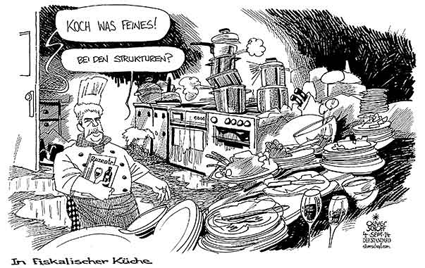 Oliver Schopf, politischer Karikaturist aus Österreich, politische Karikaturen aus Österreich, Karikatur Cartoon Illustrationen Politik Politiker Österreich 2014: FINANZMINSTER HANS JOERG SCHELLING KOCH WINZER KUECHE DRECKIG STRUKTUREN REZEPT WEINKARTE



