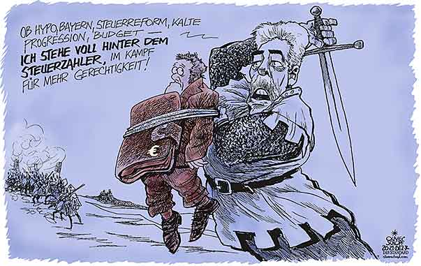 Oliver Schopf, politischer Karikaturist aus Österreich, politische Karikaturen aus Österreich, Karikatur Cartoon Illustrationen Politik Politiker Österreich 2014: FINANZMINISTER HANS JOERG SCHELLING STEUERZAHLER STEUERREFORM RITTER SCHILD KAMPF DAHINTER STEHEN KALTE PROGRESSION HYPO ALPE ADRIA BUDGET BAYERN LB



