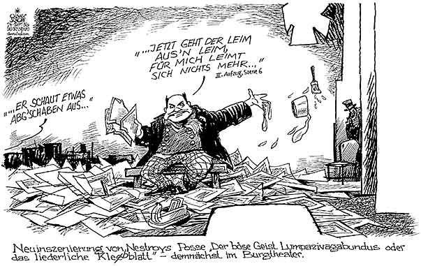 Oliver Schopf, politischer Karikaturist aus Österreich, politische Karikaturen aus Österreich, Karikatur Cartoon Illustrationen Politik Politiker Österreich 2016 : BUNDESPRÄSIDENTENWAHL WAHLKARTEN KLEBER WOLFGANG SOBOTKA INNENMINSTER JOHANN NESTROY POSSE LUMPAZIVAGABUNDUS LEIM LIEDERLICHE KLEEBLATT THEATER BÜHNE SCHAUSPIELER NEUINSZENIERUNG 







