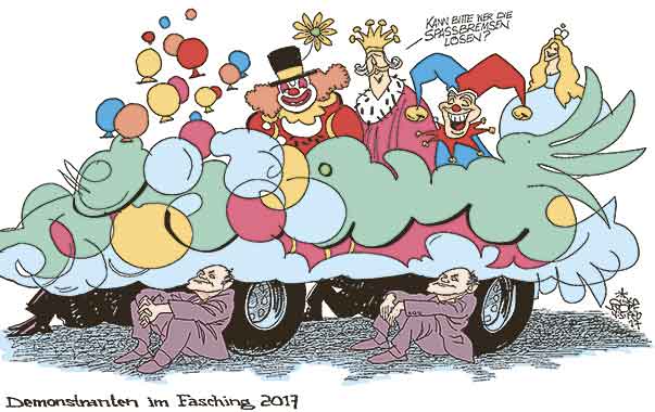Oliver Schopf, politischer Karikaturist aus Österreich, politische Karikaturen aus Österreich, Karikatur Cartoon Illustrationen Politik Politiker Österreich 2017 : DEMONSTRATIONSRECHT BESCHRÄNKUNGEN SOBOTKA INNENMINISTER SPASSDEMO FASCHING UMZUGSWAGEN SPASSBREMSE







