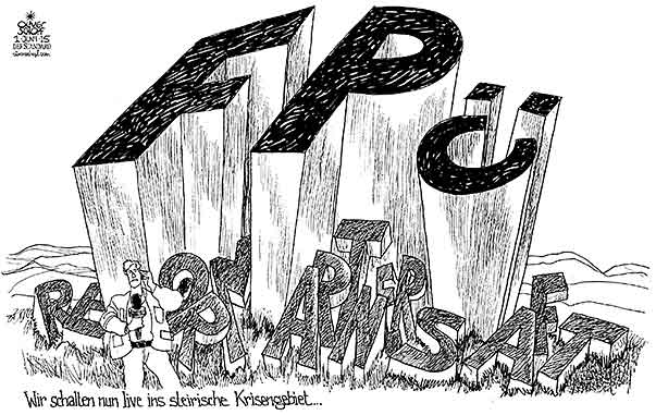Oliver Schopf, politischer Karikaturist aus Österreich, politische Karikaturen aus Österreich, Karikatur Cartoon Illustrationen Politik Politiker Österreich 2015 LANDTAGSWAHLEN STEIERMARK BURGENLAND REFORMPARTNERSCHAFT VOVES SCHUETZENHOEFER OEVP SPOE FPOE ERDBEBEN KRISENGEBIET 




