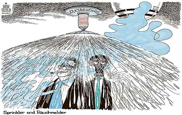 Oliver Schopf, politischer Karikaturist aus Österreich, politische Karikaturen aus Österreich, Karikatur Cartoon Illustrationen Politik Politiker Österreich 2018 : REGIERUNG KOALITION TÜRKIS-BLAU SEBASTIAN KURZ HC STRACHE RAUCHEN DON‘T SMOKE ANTIRAUCHERVOLKSBEGEHREN RAUCHMELDER SPRINKLER WASSER SPRITZEN BLAUER DUNST


