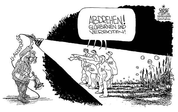 Oliver Schopf, politischer Karikaturist aus Österreich, politische Karikaturen aus Österreich, Karikatur, Illustrationen Politik Politiker Österreich 2012 KORRUPTION U-AUSSCHUSS PARLAMENT WIEN MOSER GABRIELE SUMPF SPOE OEVP FPOE BZOE LAMPE LEUCHTEN DUNKEL SCHATTEN