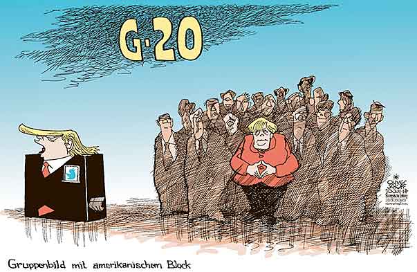 Oliver Schopf, politischer Karikaturist aus Österreich, politische Karikaturen aus Österreich, Karikatur Cartoon Illustrationen Politik Politiker international 2017 
G20 GIPFEL HAMBURG GRUPPENBILD MERKEL TRUMP SCHWARZER BLOCK HEINRICH BÖLL GRUPPENBILD MIT DAME AUSSENSEITER  
     

