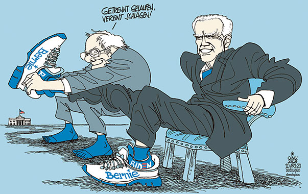 Oliver Schopf Politische Karikatur Usa 2020 Prasidentschaftswahl Bernie Sanders Verzichtet Zugunsten Joe Bidens Als Kandidat Der Demokraten Auf Das Amt Im Weissen Haus Allerdings Will Sanders Seine Linke Politik In Bidens