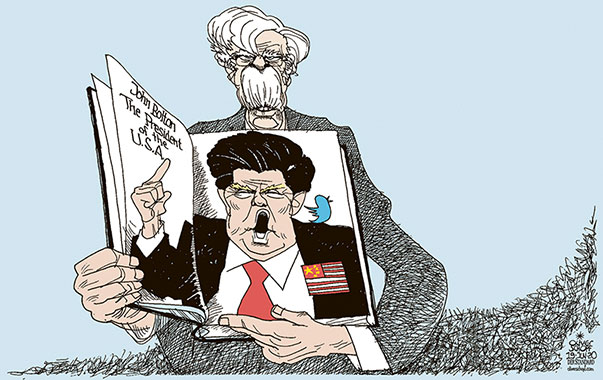  Oliver Schopf, politischer Karikaturist aus Österreich, politische Karikaturen, Illustrationen Archiv politische Karikatur Welt China 2020 USA TRUMP JOHN BOLTON BUCH CHINA XI JINPING HAARE FRISUR PRÄSIDENT WAHLEN    

