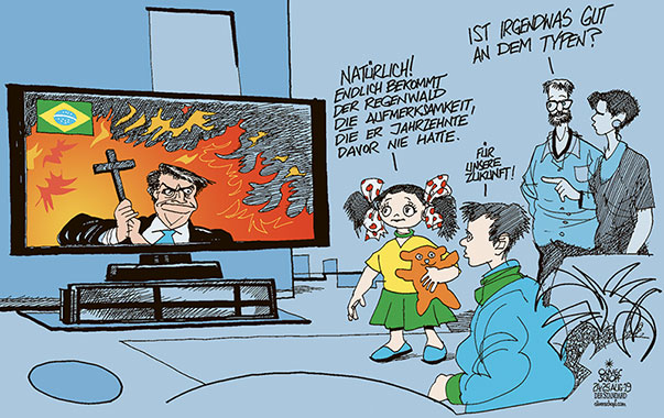  Oliver Schopf, politischer Karikaturist aus Österreich, politische Karikaturen, Illustrationen Archiv politische Karikatur Welt Südamerika 2019 BRASILIEN REGENWALD AMAZONAS BOLSONARO BRAND FEUER KLIMA UMWELT KINDER ZUKUNFT FAMILIE PLANET ERDE



