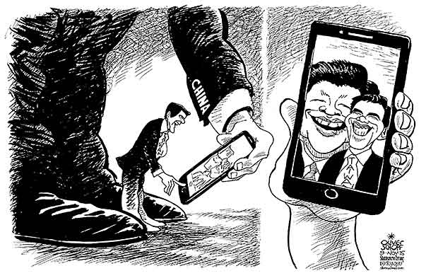 Oliver Schopf, editorial cartoons from Austria, cartoonist from Austria, Austrian illustrations, illustrator from Austria, editorial cartoon politics politician International, Cartoon Arts International, New York Times Syndicate, Cagle cartoon 2015 CHINA TAIWAN  XI JINPING MA YING JEOU SELFIE CELL PHONE RELATIONS MEET HANDSHAKE  


