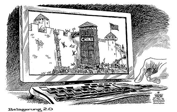  Oliver Schopf, politischer Karikaturist aus Österreich, politische Karikaturen, Illustrationen Archiv politische Karikatur Welt 2014 USA CHINA USA INTERNET SPIONAGE HACKEN BURG BELAGERUNG BELAGERUNGSTURM FESTUNG  



