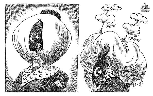  Oliver Schopf, politischer Karikaturist aus Österreich, politische Karikaturen, Illustrationen Archiv politische Karikatur Welt 2015 TUERKEI PARLAMENTSWAHLEN ERDOGAN SULTAN TURBAN VERLUSTE LUFT ABSOLUTE MEHRHEIT  


