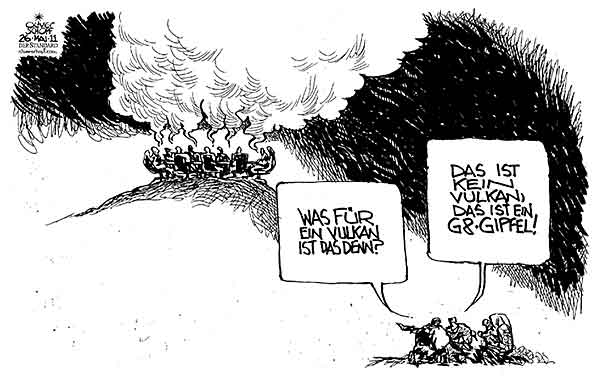 Oliver Schopf, politischer Karikaturist aus Österreich, politische Karikaturen aus Österreich, Karikatur Illustrationen Politik Politiker international 2011: vulkan grimsvoetn asche wolke g8-gipfel luft aschewolke g8















 