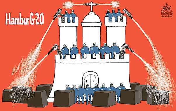 Oliver Schopf, editorial cartoons from Austria, cartoonist from Austria, Austrian illustrations, illustrator from Austria, editorial cartoon G7 G8 G20 2017 G7 G 20 SUMMIT GERMANY HAMBURG EMBLEM POLICE PROTESTS SCHWARZER BLOCK WATER CANNON BLACK BLOCK VIOLENCE RIOTS SECURITY        


