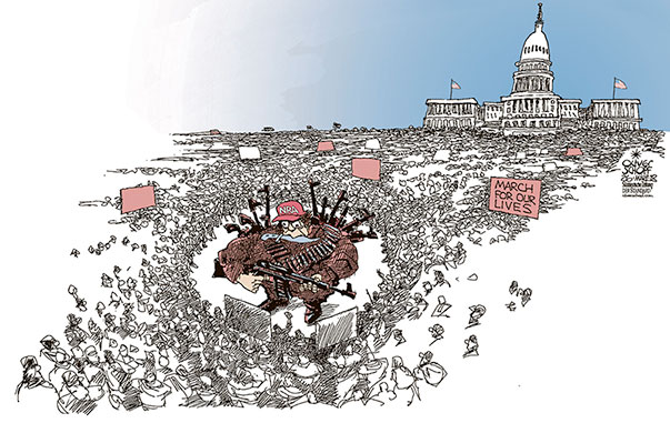 Oliver Schopf, editorial cartoons from Austria, cartoonist from Austria, Austrian illustrations, illustrator from Austria, editorial cartoon politics politician International, Cartoon Arts International, New York Times Syndicate, 2018: WASHINGTON DC PROTEST MARCH FOR OUR LIVES STUDENTS HIGH SCHOOL GUNS WEAPONS SHOOTING NRA CONGRESS 
