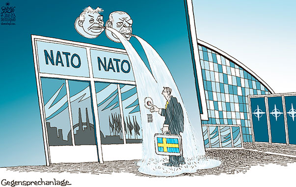 Oliver Schopf, politischer Karikaturist aus Österreich, politische Karikaturen aus Österreich, Karikatur Cartoon Illustrationen Politik Politiker international 2023: NATO HAUPTQUARTIER SCHWEDEN BEITRITT ERDOGAN ORBÁN TÜRKEI UNGARN VERHINDERN TÜR EINGANG KLINGEL GLOCKE GEGENSPRECHANLAGE KALTE DUSCHE 

