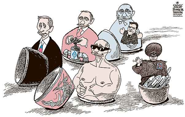 Oliver Schopf, editorial cartoons from Austria, cartoonist from Austria, Austrian illustrations, illustrator from Austria, editorial cartoon politics politician International, Cartoon Arts International, New York Times Syndicate, 2018: RUSSIA PUTIN PRESIDENT ELECTIONS MATRYOSHKA MEDWEDEW FOURTH TERM     

