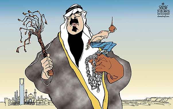 Oliver Schopf, editorial cartoons from Austria, cartoonist from Austria, Austrian illustrations, illustrator from Austria, editorial cartoon middle-east Mid East 2014 SAUDI ARABIA RAIF BADAWI BLOGGER KING ABDULLAH FALCON HAWK WHIP LASH
      
 
