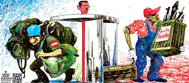  Oliver Schopf, politischer Karikaturist aus Österreich, politische Karikaturen, Cartoon, Illustrationen Archiv politische Karikatur Österreich Koalition 2012 SYRIA ASSAD OBAMA UN BLAUHELME OESTERREICH TRUPPENABZUG GOLAN SPINDELEGGER WAFFEN REBELLEN DREHTUER ROTE LINIE 
