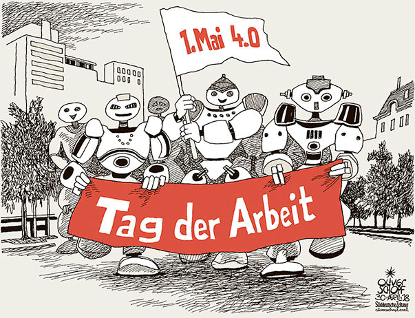  Oliver Schopf, politischer Karikaturist aus Österreich, politische Karikaturen, Illustrationen Archiv politische Karikatur Welt Wirtschaft und Finanzen 2018 1. MAI TAG DER ARBEIT ROBOTER ARBEIT 4.0 KÜNSTLICHE INTELLIGENZ MAIAUFMARSCH FAHNEN 
