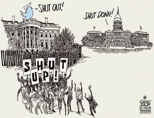 Oliver Schopf, editorial cartoons from Austria, cartoonist from Austria, Austrian illustrations, illustrator from Austria, editorial cartoon Donald Trump president of the united states of america 2018 USA CONGRESS SHUTDOWN TRUMP BUDGET PROTEST SHUT UP WHITE HOUSE   
