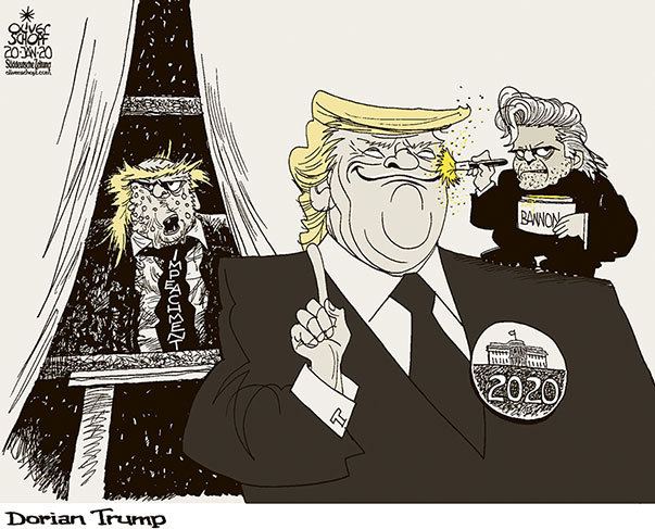  Oliver Schopf, politischer Karikaturist aus Österreich, politische Karikaturen, Illustrationen Archiv politische Karikatur Welt USA Präsidentenwahl 2020 USA TRUMP STEVE BANNON IMPEACHMENT WAHLKAMPF PRÄSIDENTSCHAFT WEISSES HAUS DAS BILDNIS DES DORIAN GRAY OSCAR WILDE VISAGIST KOSMETIK PINSEL GOLDSTAUB 
