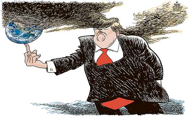Oliver Schopf, editorial cartoons from Austria, cartoonist from Austria, Austrian illustrations, illustrator from Austria, editorial cartoon politics politician International, Cartoon Arts International, New York Times Syndicate, 2017: USA TRUMP CLIMATE CHANGE THE FINGER MIDDLE FINGER SMOKE GLOBAL WARMING CO2 PARIS AGREEMENT HAIR           

