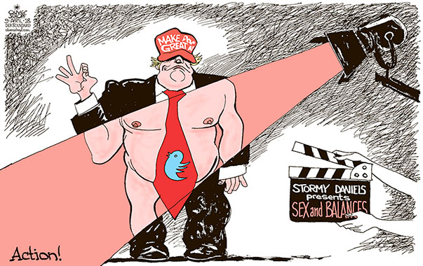 Oliver Schopf, politischer Karikaturist aus Österreich, politische Karikaturen aus Österreich, Karikatur Cartoon Illustrationen Politik Politiker international 2018 
USA TRUMP STORMY DANIELS PORNOFILM SEX ROTLICHT KLAPPE ACTION   
