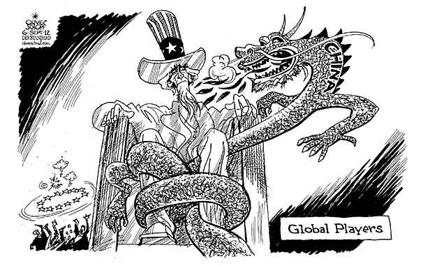 Oliver Schopf, editorial cartoons from Austria, cartoonist from Austria, Austrian illustrations, illustrator from Austria, editorial cartoon china 2012 USA CHINA EU EUROPE GLOBAL PLAYER UNCLE SAM CHINESE DRAGON ABRAHAM LINCOLN MEMORIAL

