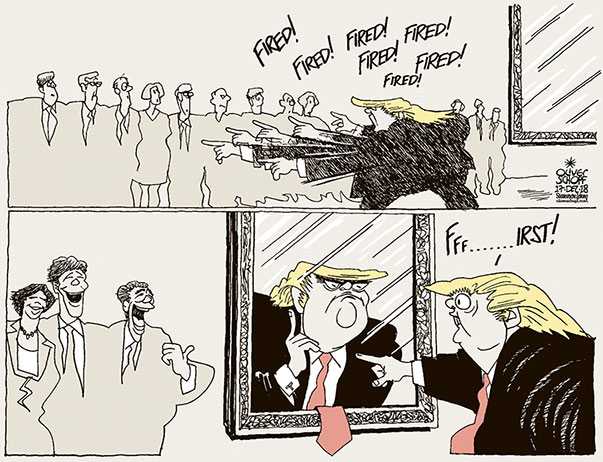Oliver Schopf, editorial cartoons from Austria, cartoonist from Austria, Austrian illustrations, illustrator from Austria, editorial cartoon politics politician International, Cartoon Arts International, New York Times Syndicate, 2018 : USA TRUMP DISMISSALS GOVERNMENT HIRE AND FIRE WHITE HOUSE MIRROR AMERICA FIRST 
