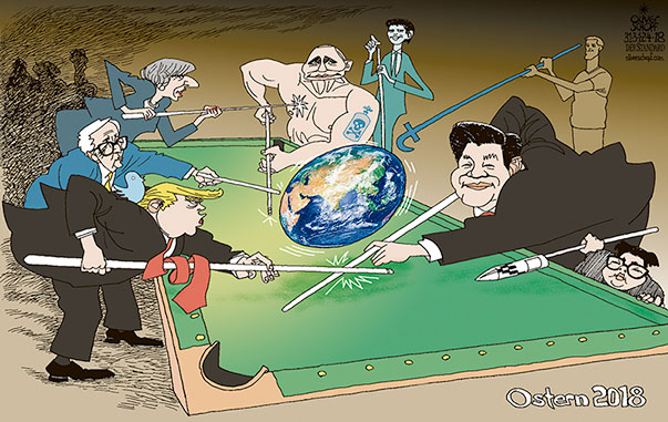  Oliver Schopf, politischer Karikaturist aus Österreich, politische Karikaturen, Illustrationen Archiv politische Karikatur Welt Politik & Gesellschaft
2018 WELTPOLITIK OSTERN EI BILLARD PLANET ERDE TRUMP XI JINPING KIM JONG UN JUNCKER PUTIN THERESA MAY MARK ZUCKERBERG SEBASTIAN KURZ
