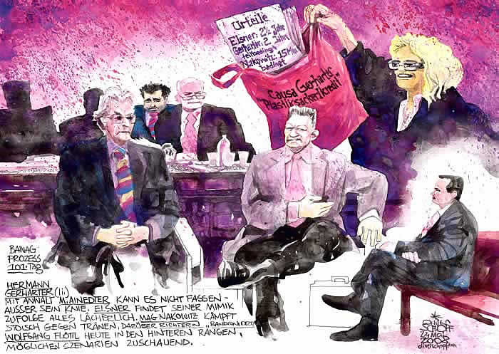 Oliver Schopf, editorial cartoons from Austria, cartoonist from Austria, Austrian illustrations, illustrator from Austria, court room art Austria 2008: Bawag, bandion-ortner, gerharter, elsner, wolfgang floettl,  nakowitz, verdicts 
 
     