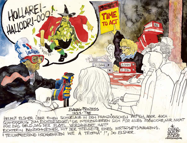 Oliver Schopf, editorial cartoons from Austria, cartoonist from Austria, Austrian illustrations, illustrator from Austria, court room art Austria 2008: Bawag, floettl, elsner, bandion-ortner, kennedy, kennedy murder






