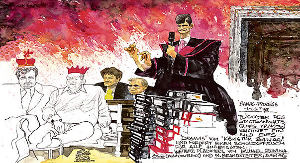 Oliver Schopf, editorial cartoons from Austria, cartoonist from Austria, Austrian illustrations, illustrator from Austria, court room art Austria 2008: Bawag, plea, attorney, krakow, floettl, elsner, rovina, brandstetter, kingdom bawag






