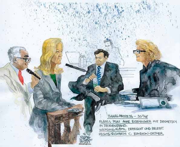 Oliver Schopf, politischer Karikaturist aus �sterreich, politische Karikaturen aus �sterreich, Karikatur, Illustrationen, Gerichtssaalzeichnung �sterreich 2008: Bawag, Fl�ttls Frau Anne Eisenhower mit Dolmetsch im Zeugenstand.