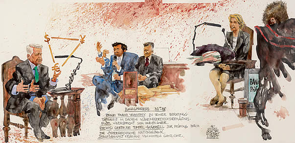 Oliver Schopf, politischer Karikaturist aus �sterreich, politische Karikaturen aus �sterreich, Karikatur, Illustrationen, Gerichtssaalzeichnung �sterreich 2008: Bawag, 
