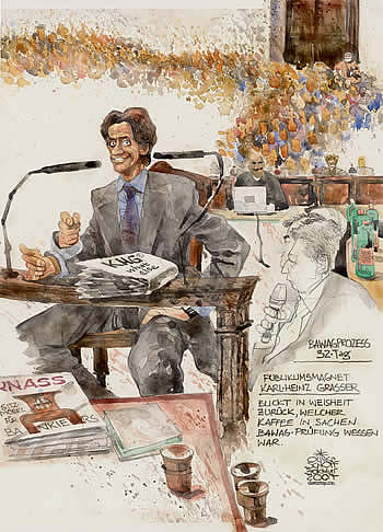 Oliver Schopf, politischer Karikaturist aus �sterreich, politische Karikaturen aus �sterreich, Karikatur, Illustrationen, Gerichtssaalzeichnung �sterreich 2008: Bawag, norbert steger, georg krakow, thomas keppert, claudia bandion-ortner,karl-heinz grasser
    

