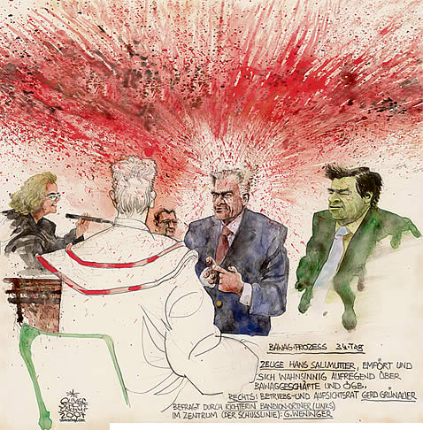 Oliver Schopf, politischer Karikaturist aus �sterreich, politische Karikaturen aus �sterreich, Karikatur, Illustrationen, Gerichtssaalzeichnung �sterreich 2008: Bawag, norbert steger, georg krakow, thomas keppert, claudia bandion-ortner, casino jericho, renate graber

