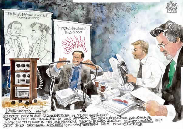 Oliver Schopf, editorial cartoons, court room art, Bawag Trial 2007: Most important bank and economy trial in Austria’s  Second Republik. 9 defendents among 2 CEO and one international investment banker.johann zwettler, wolfgang floettl, helmut elsner, georg krakow, claudia bandion-ortner, renate graber