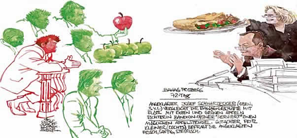 Oliver Schopf, editorial cartoons, court room art, Bawag Trial 2007: Most important bank and economy trial in Austria’s  Second Republik. 9 defendents among 2 CEO and one international investment banker.johann zwettler, wolfgang floettl, helmut elsner, georg krakow, claudia bandion-ortner, renate graber, Georg Krakow, Peter Nakowitz, WolfgangFloettl, Georg Krakow, Philipp Strasser
