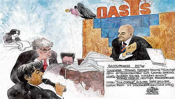 Oliver Schopf, editorial cartoons from Austria, cartoonist from Austria, Austrian illustrations, illustrator from Austria, court room art Austria 2008: Bawag, keppert, kralik, reiter, oasis, jericho, ruth elsner



