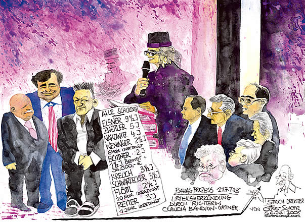 Oliver Schopf, politischer Karikaturist aus �sterreich, politische Karikaturen aus �sterreich, Karikatur, Illustrationen, Gerichtssaalzeichnung �sterreich 2008: Bawag, tag 117, urteile, claudia bandion-ortner, helmut elsner, wolfgang floettl, johann zwettler, peter nakowitz, g�nter weninger, christian buettner, hubert kreuch, josef schwarzecker, robert reiter









  