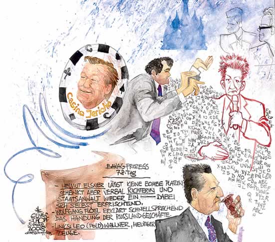 Oliver Schopf, Karikaturist, Gerichtsillustration: Bawag-Prozess 2008,gerichtszeichnungen, BAWAG-Prozess in �sterreich 2007 2008, leo wallner, casino jeriche, claudia bandion-ortner, helmut elsner, wolfgang floettl, russlandgeschaefte
johann zwettler, wolfgang floettl, helmut elsner, 