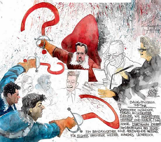Oliver Schopf, Karikaturist, Gerichtsillustration: Bawag-Prozess 2008,gerichtszeichnungen, BAWAG-Prozess in �sterreich 2007 2008, helmut elsner, claudia bandion-ortner, wolfgang schubert, christoph herbst, thomas kralik, robert reiter, fritz kleiner, musketiere, d�artagnan, fragezeichen,   