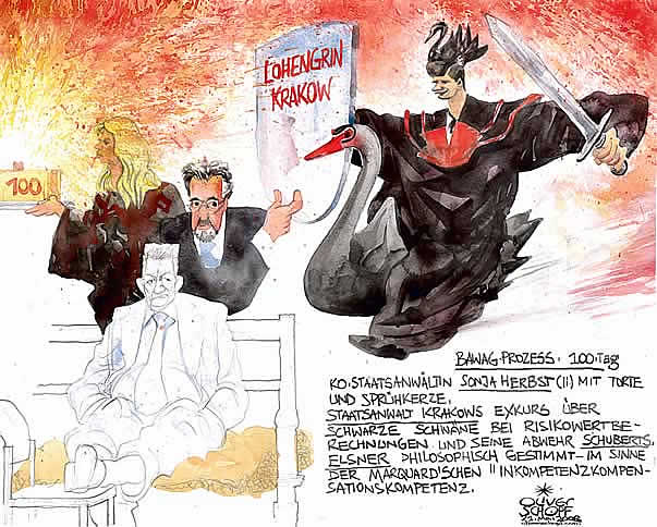 Oliver Schopf, politischer Karikaturist aus �sterreich, politische Karikaturen aus �sterreich, Karikatur, Illustrationen, Gerichtssaalzeichnung �sterreich 2008: Bawag, 100 tage, georg krakow, helmut elsner, wolfgang schubert, schwan, lohengrin











  