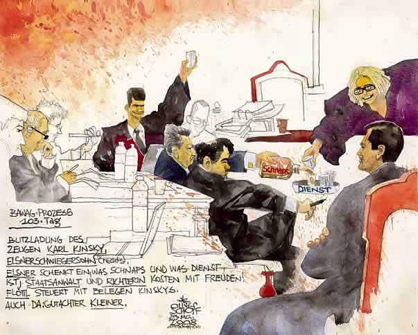 Oliver Schopf, politischer Karikaturist aus �sterreich, politische Karikaturen aus �sterreich, Karikatur, Illustrationen, Gerichtssaalzeichnung �sterreich 2008: Bawag, causa gerharter, urteile, plastiksackerl, claudia bandion-ortner, hermann gerharter, helmut elsner, peter nakowitz, manfred ainedter, wolfgang floettl










  