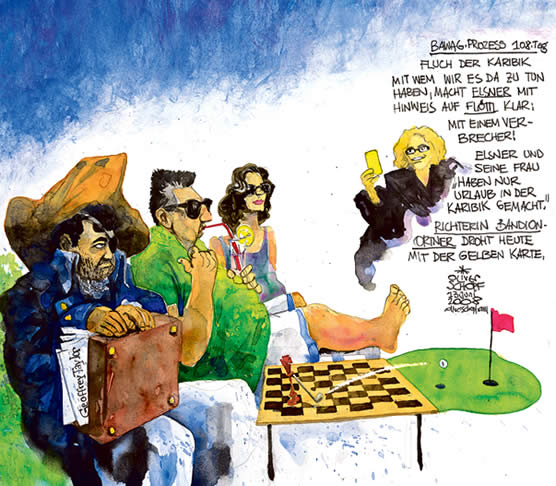 Oliver Schopf, politischer Karikaturist aus �sterreich, politische Karikaturen aus �sterreich, Karikatur, Illustrationen, Gerichtssaalzeichnung �sterreich 2008: Bawag, tag 108, wolfgang floettl, helmut elsner, ruth elsner, claudia bandion-ortner, karibik, pirat








  