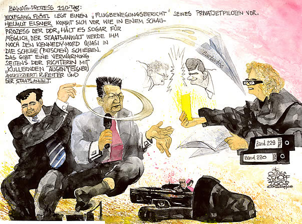 Oliver Schopf, politischer Karikaturist aus �sterreich, politische Karikaturen aus �sterreich, Karikatur, Illustrationen, Gerichtssaalzeichnung �sterreich 2008: Bawag, tag 110, wolfgang floettl, helmut elsner, claudia bandion-ortner, kennedy, kennedy-mord, schuhe schieben, papierflieger
    






  