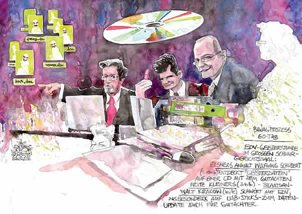 Oliver Schopf, Karikaturist, Gerichtsillustration: Bawag-Prozess 2008,wolfgang schubert, georg krakow, geisterdateien, cd, fritz kleiner