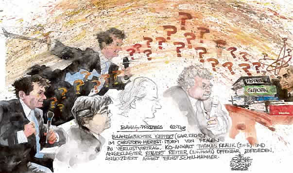 Oliver Schopf, Karikaturist, Gerichtsillustration: Bawag-Prozess 2008,, christoph herbst, thomas kralik, robert reiter, thomas keppert, fragezeichen