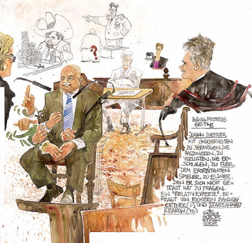 Oliver Schopf, Karikaturist, Gerichtsillustration: Bawag-Prozess 2008,, johann zwettler, wolfgang floettl, helmut elsner, georg krakow, claudia bandion-ortner, renate graber